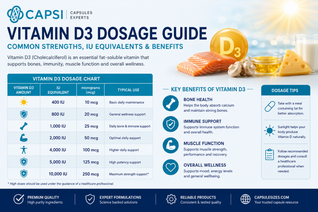 Vitamin D3 dosage guide showing IU equivalents, micrograms and common supplement strengths