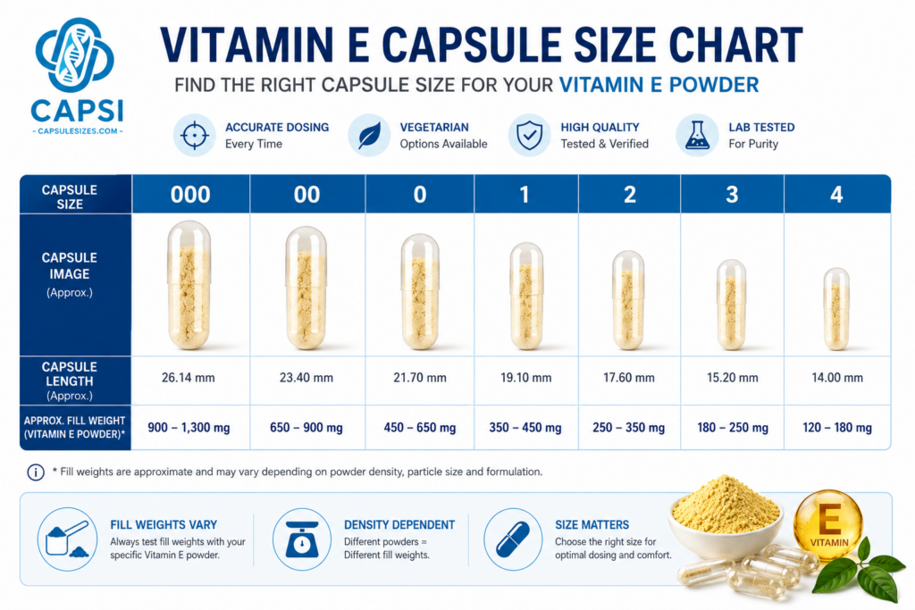 Vitamin E capsule size chart comparing sizes 000, 00, 0, 1, 2, 3 and 4