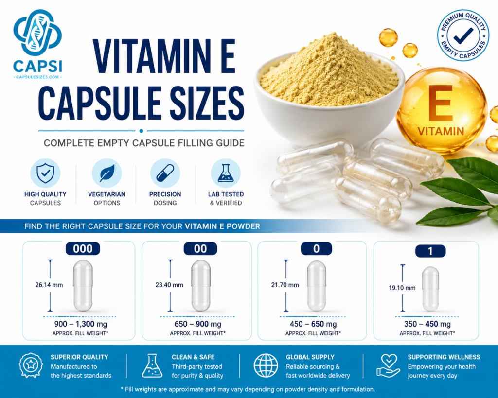 Vitamin E capsule sizes guide showing empty capsule size options with CAPSI branding