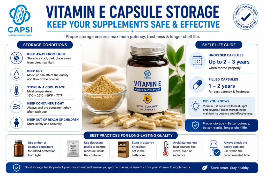 Vitamin E capsule storage guide showing shelf life and storage recommendations