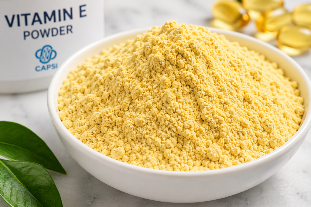 Close-up of Vitamin E powder used for filling empty capsules