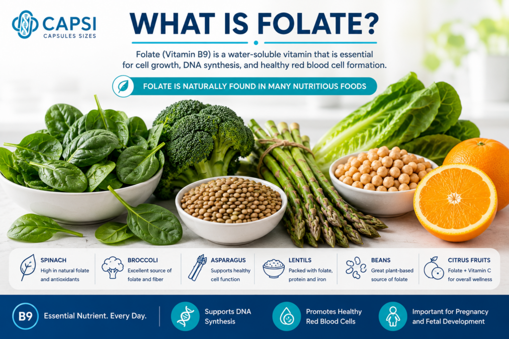Folate rich foods including spinach broccoli asparagus lentils beans and citrus fruits