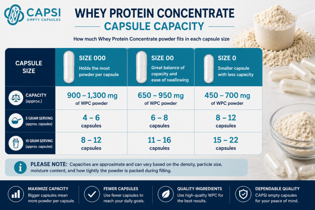 Whey protein concentrate capsule capacity chart showing size 000, 00 and 0