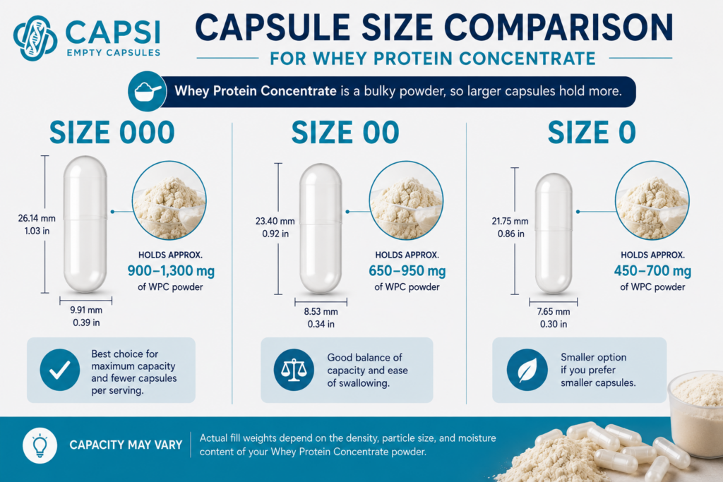 Comparison of capsule sizes suitable for whey protein concentrate powder