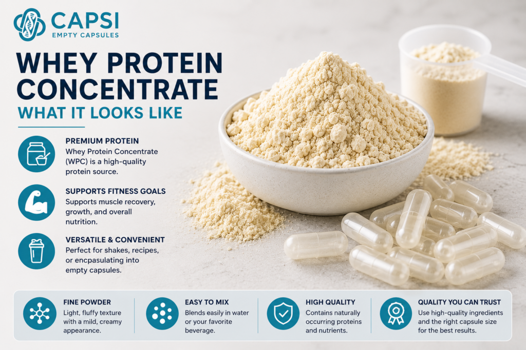 Close-up of whey protein concentrate powder next to empty capsules