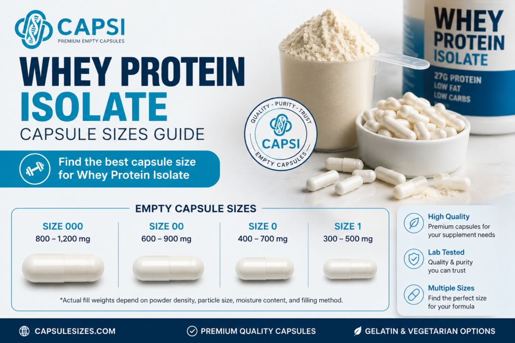 Whey Protein Isolate capsule sizes guide with CAPSI empty capsules
